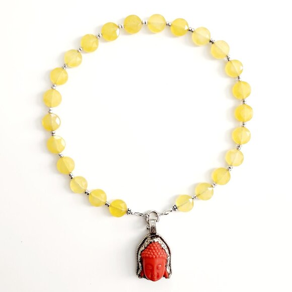 YELLOW AGATE NECKLACE W/ ORANGE BUDDHA PENDANT-16" - Picture 2 of 3